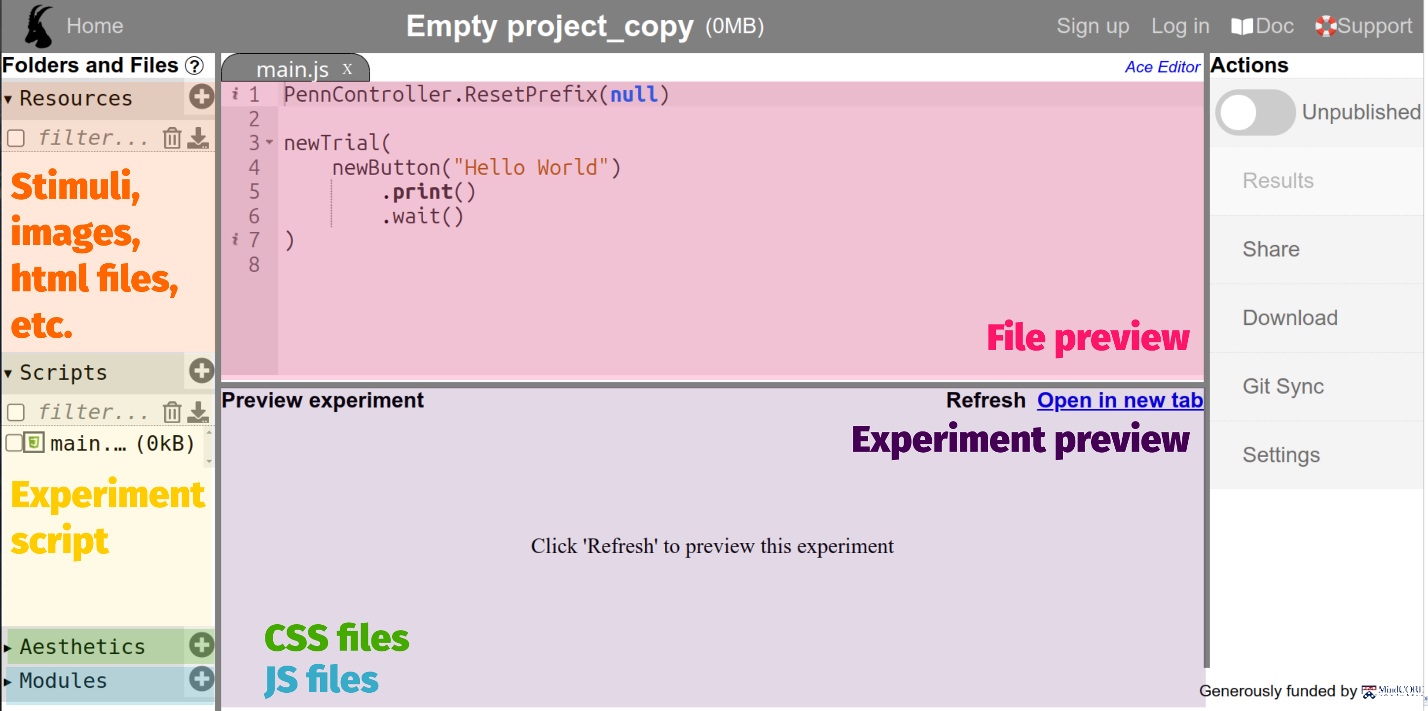 PCIbex online interface annotated 1