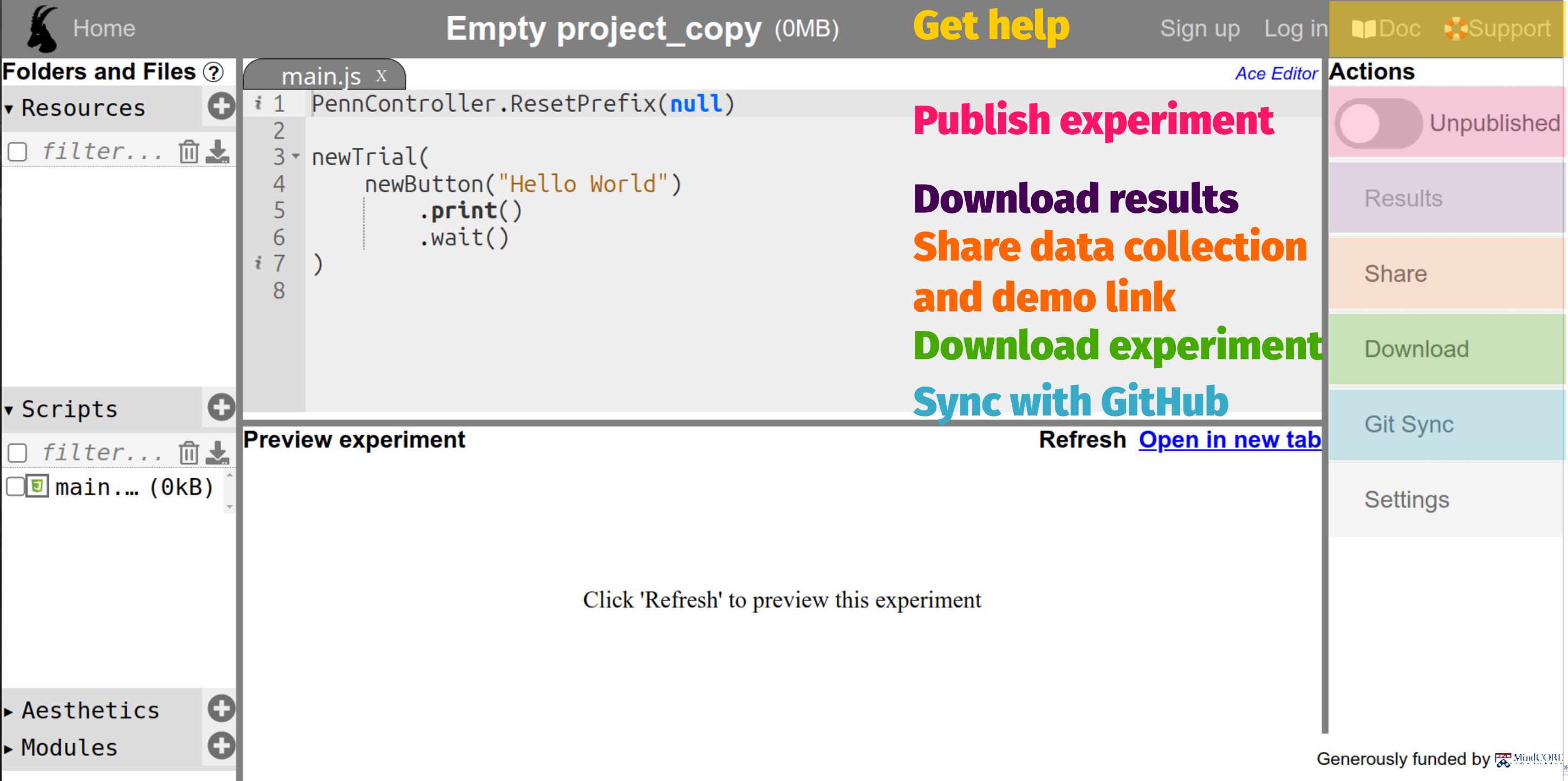 PCIbex online interface annotated 2